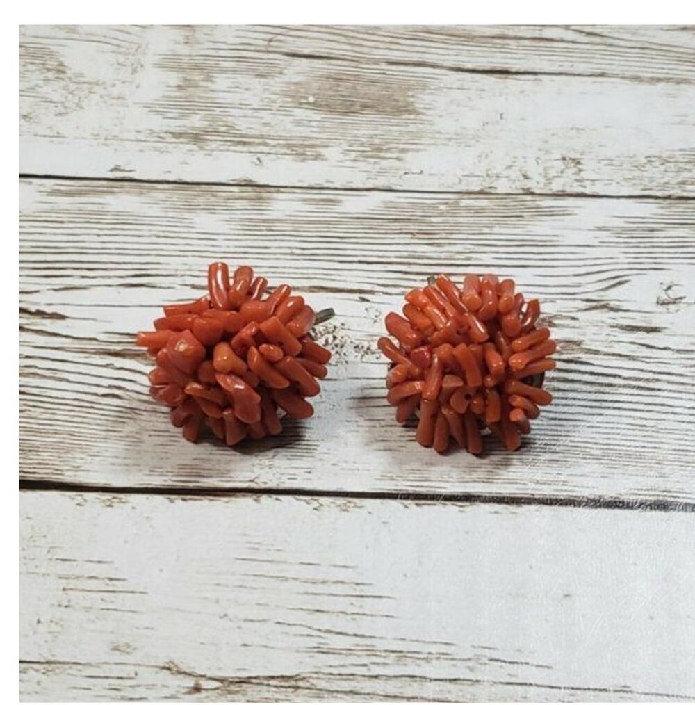 Vintage Screw On Earrings Orangey Red Spikey Beads